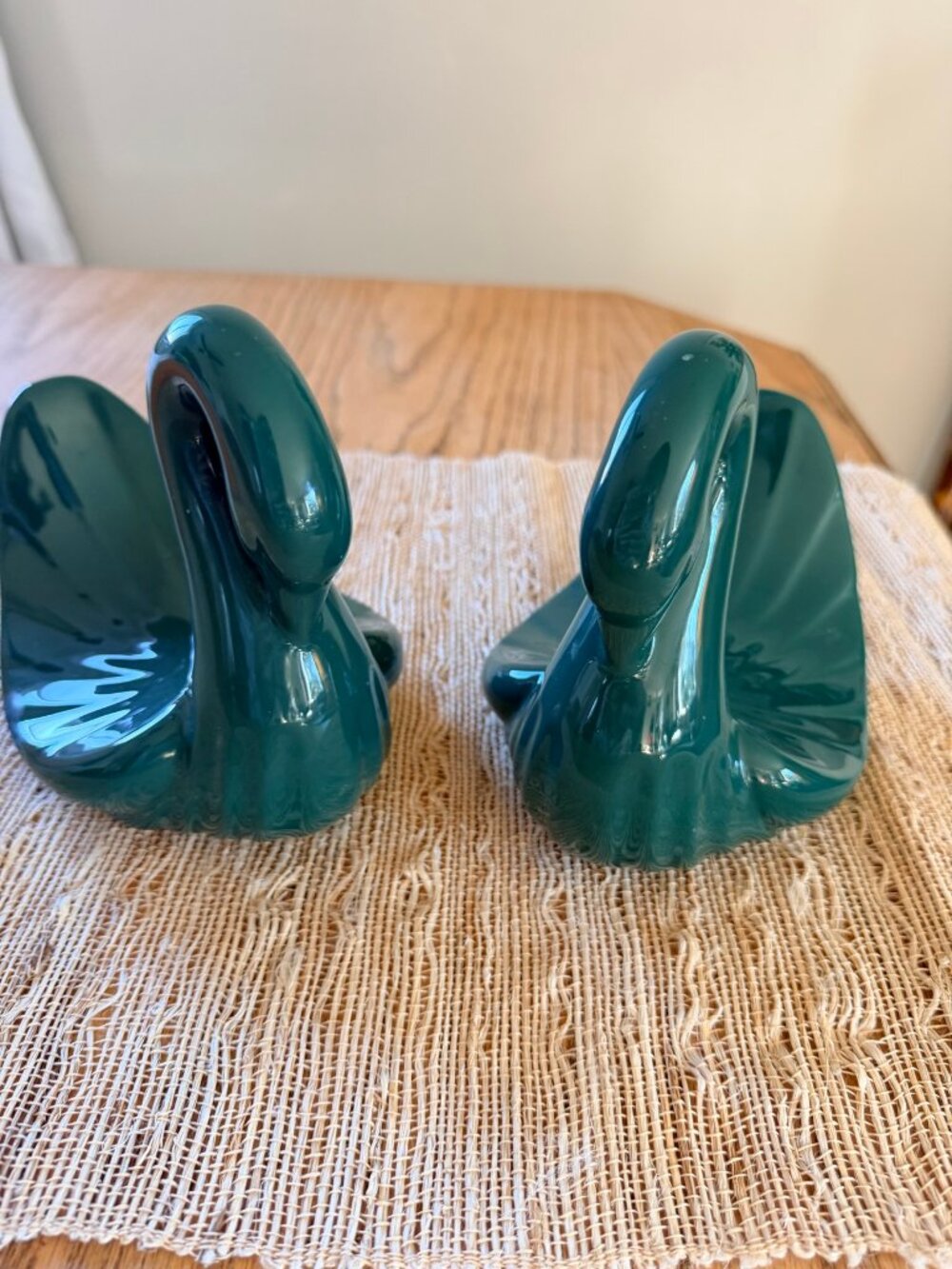 Vintage Ceramic Swan Towel Holders Pair Teal Green 80s Bathroom Decor